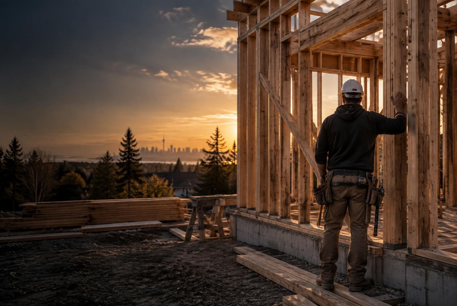 Residential timber framing at an active construction site